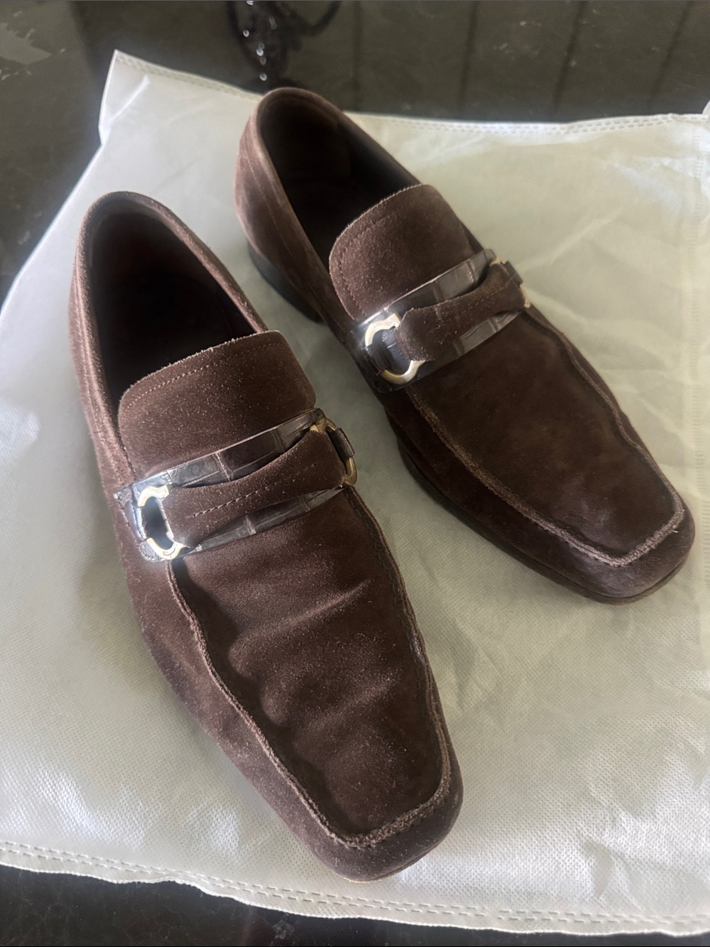 Ferragamo Brown Suede Bit Loafers - Classic Slip-On Dress Shoe- size 9